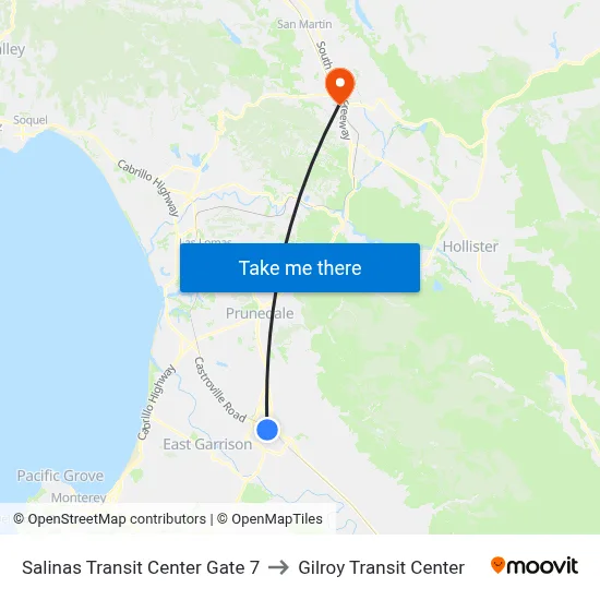 Salinas Transit Center Gate 7 to Gilroy Transit Center map