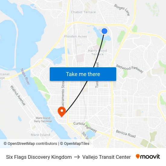 Six Flags Discovery Kingdom to Vallejo Transit Center map