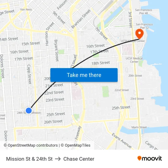 Mission St & 24th St to Chase Center map