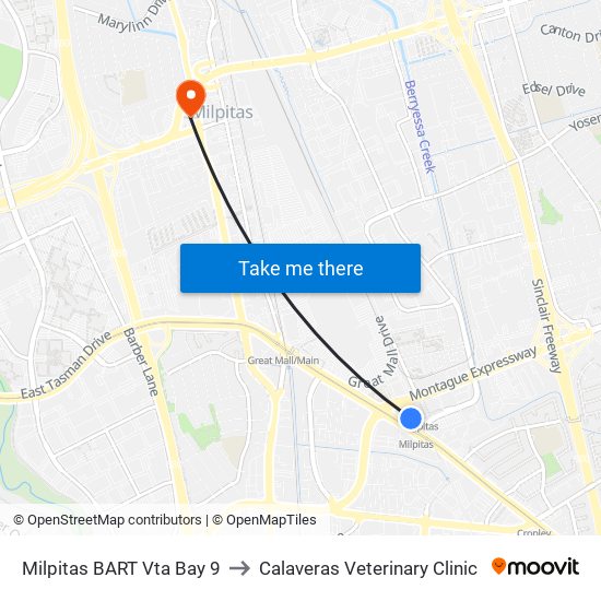 Milpitas BART Vta Bay 9 to Calaveras Veterinary Clinic map