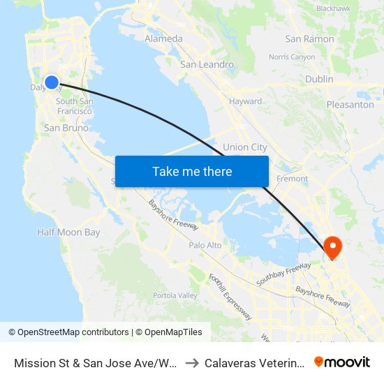 Mission St & San Jose Ave/Wellington Ave to Calaveras Veterinary Clinic map