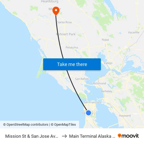 Mission St & San Jose Ave/Wellington Ave to Main Terminal Alaska & Sun Country map