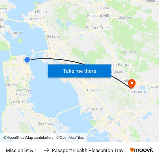 Mission St & 1st St to Passport Health Pleasanton Travel Clinic map