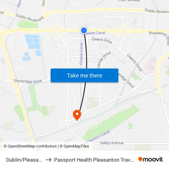 Dublin/Pleasanton to Passport Health Pleasanton Travel Clinic map