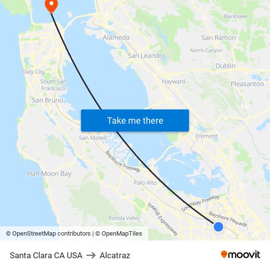 Santa Clara CA USA to Alcatraz map