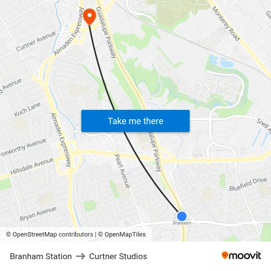 Branham Station to Curtner Studios map