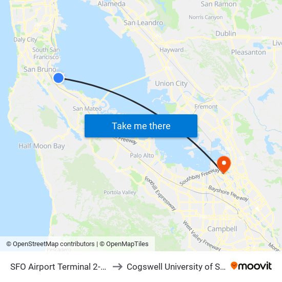 SFO Airport Terminal 2-Lower Level to Cogswell University of Silicon Valley map