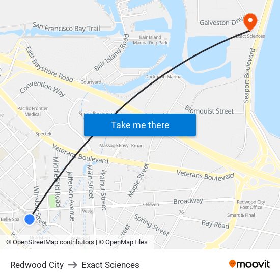Redwood City to Exact Sciences map