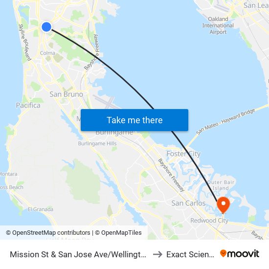 Mission St & San Jose Ave/Wellington Ave to Exact Sciences map