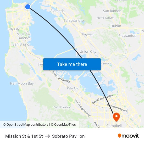 Mission St & 1st St to Sobrato Pavilion map