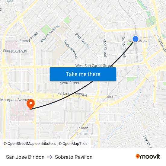 San Jose Diridon to Sobrato Pavilion map