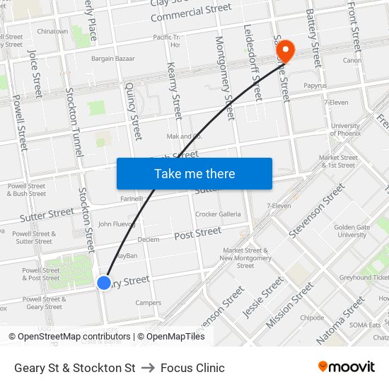 Geary St & Stockton St to Focus Clinic map