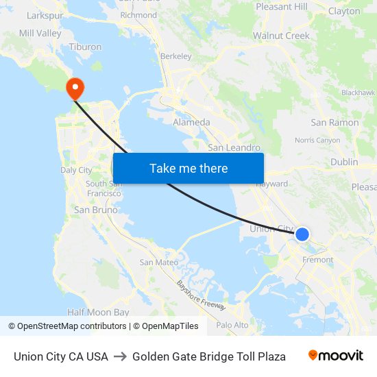 Union City CA USA to Golden Gate Bridge Toll Plaza map