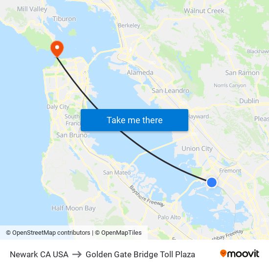 Newark CA USA to Golden Gate Bridge Toll Plaza map