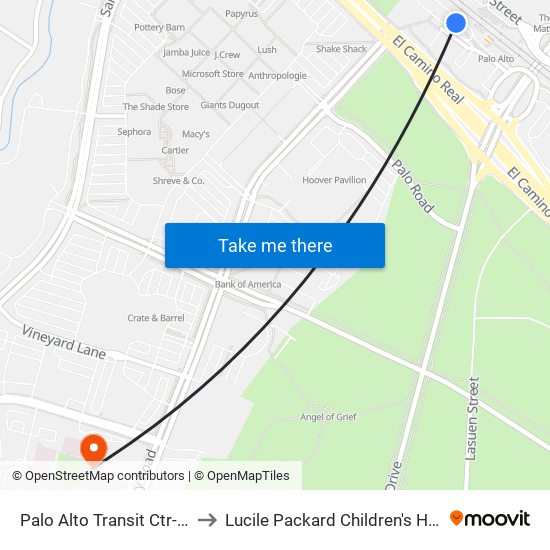 Palo Alto Transit Ctr-Bay 9 to Lucile Packard Children's Hospital map