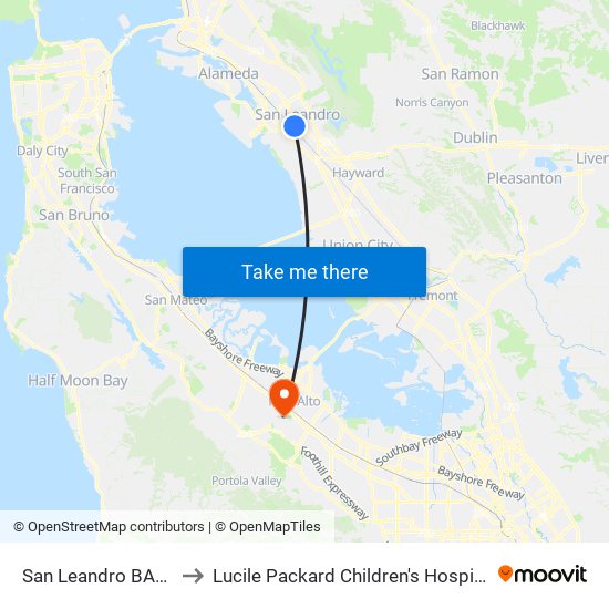 San Leandro BART to Lucile Packard Children's Hospital map