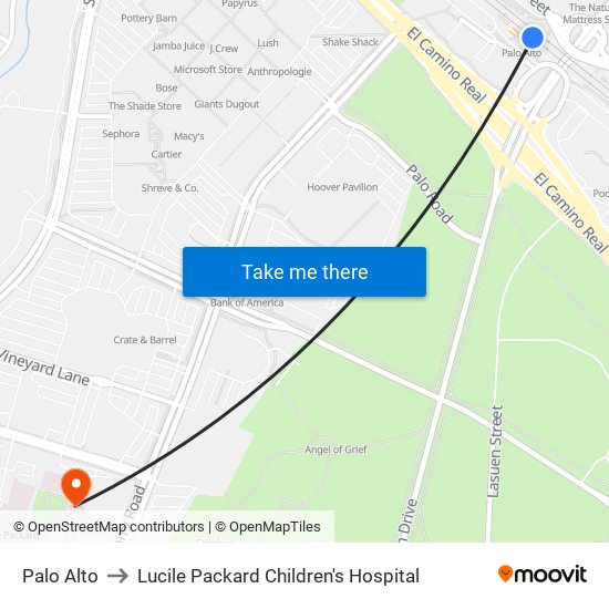 Palo Alto to Lucile Packard Children's Hospital map