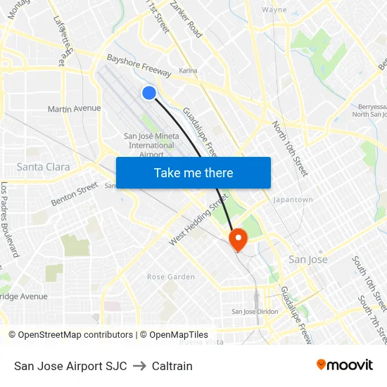San Jose Airport SJC to Caltrain map