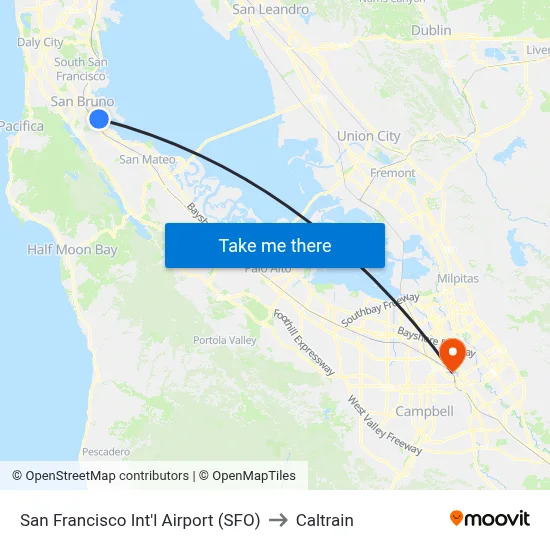 San Francisco Int'l Airport (SFO) to Caltrain map