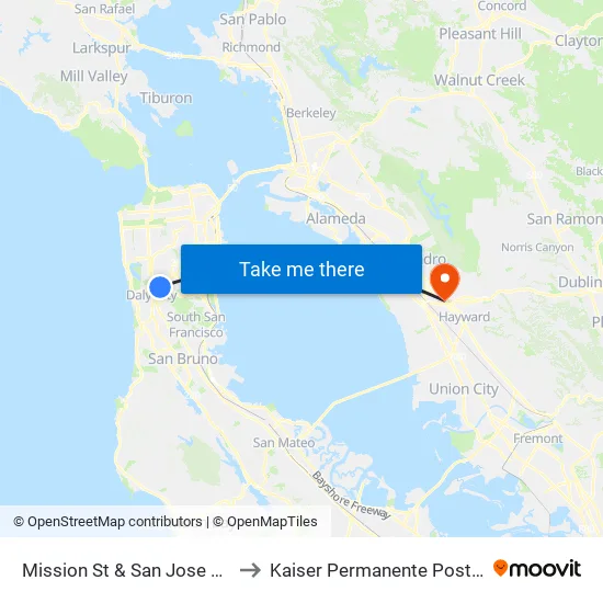 Mission St & San Jose Ave/Wellington Ave to Kaiser Permanente Post-Acute Care Center map