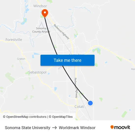 Sonoma State University to Worldmark Windsor map