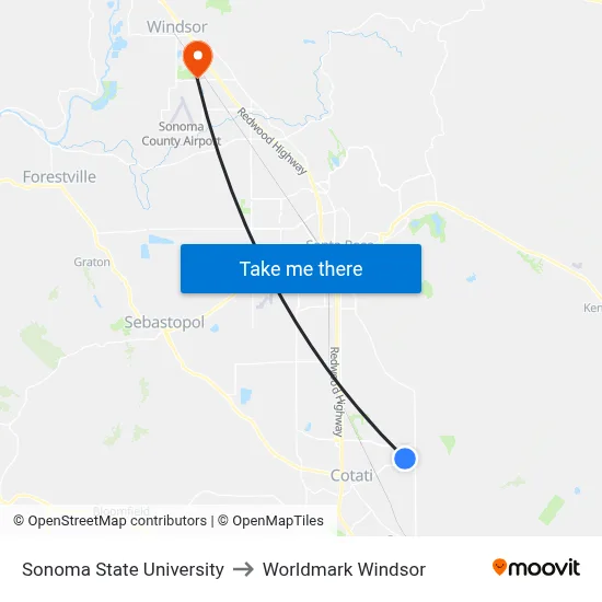 Sonoma State University to Worldmark Windsor map