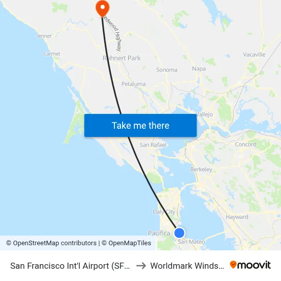 San Francisco Int'l Airport (SFO) to Worldmark Windsor map