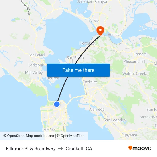 Fillmore St & Broadway to Crockett, CA map