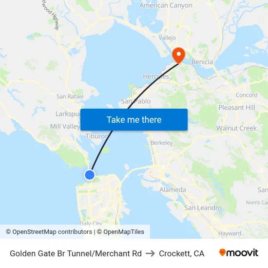 Golden Gate Br Tunnel/Merchant Rd to Crockett, CA map