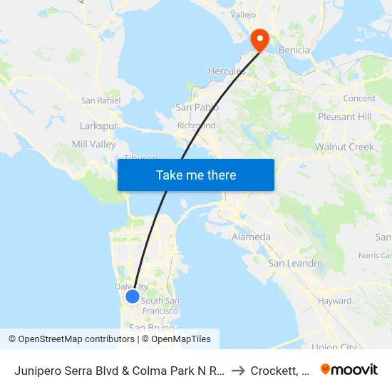 Junipero Serra Blvd & Colma Park N Ride to Crockett, CA map