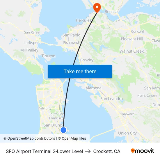 SFO Airport Terminal 2-Lower Level to Crockett, CA map