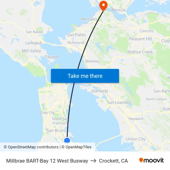 Millbrae BART-Bay 12 West Busway to Crockett, CA map