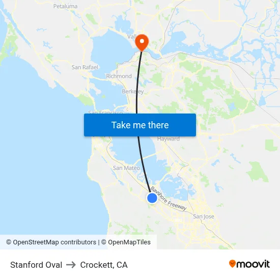 Stanford Oval to Crockett, CA map