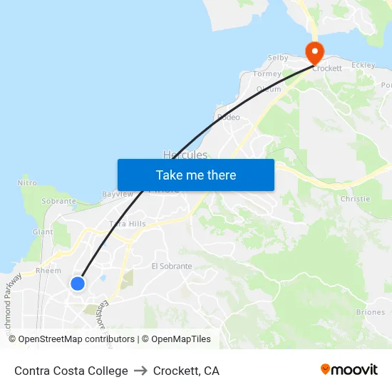 Contra Costa College to Crockett, CA map