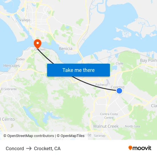 Concord to Crockett, CA map