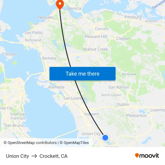 Union City to Crockett, CA map