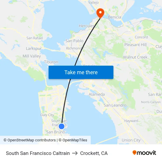 South San Francisco Caltrain to Crockett, CA map