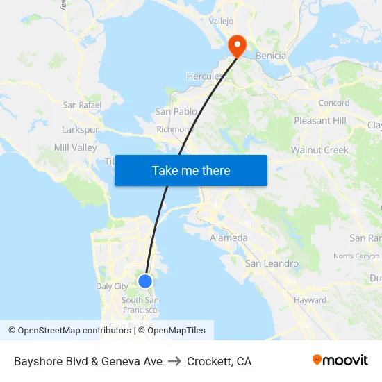 Bayshore Blvd & Geneva Ave to Crockett, CA map