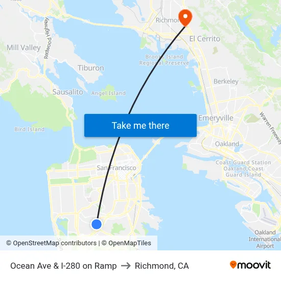 Ocean Ave & I-280 on Ramp to Richmond, CA map