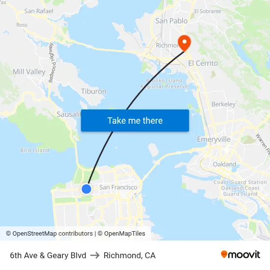 6th Ave & Geary Blvd to Richmond, CA map
