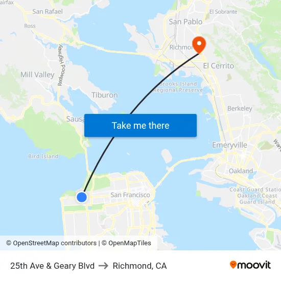 25th Ave & Geary Blvd to Richmond, CA map