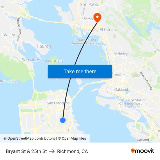 Bryant St & 25th St to Richmond, CA map