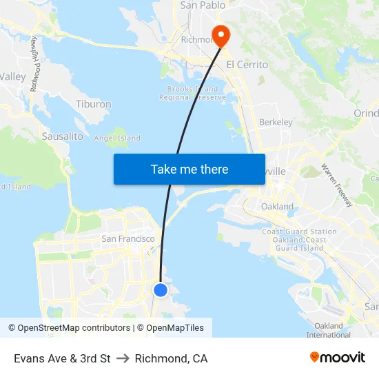 Evans Ave & 3rd St to Richmond, CA map