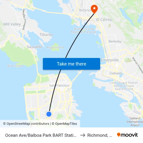 Ocean Ave/Balboa Park BART Station to Richmond, CA map