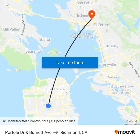 Portola Dr & Burnett Ave to Richmond, CA map