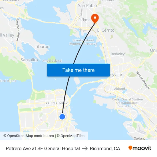 Potrero Ave at SF General Hospital to Richmond, CA map