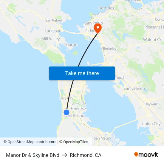 Manor Dr & Skyline Blvd to Richmond, CA map