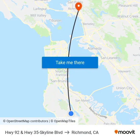 Hwy 92 & Hwy 35-Skyline Blvd to Richmond, CA map