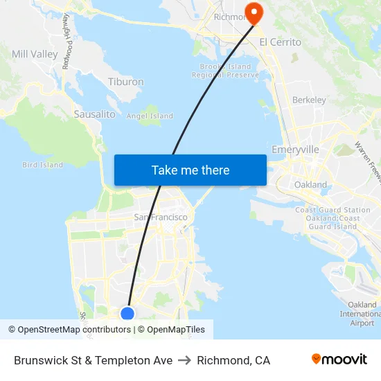 Brunswick St & Templeton Ave to Richmond, CA map