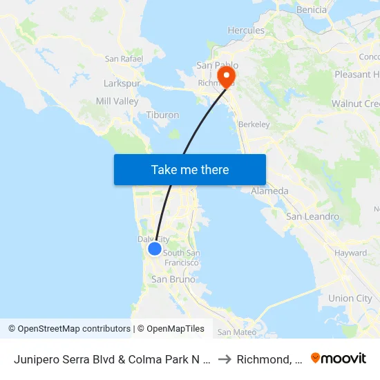 Junipero Serra Blvd & Colma Park N Ride to Richmond, CA map